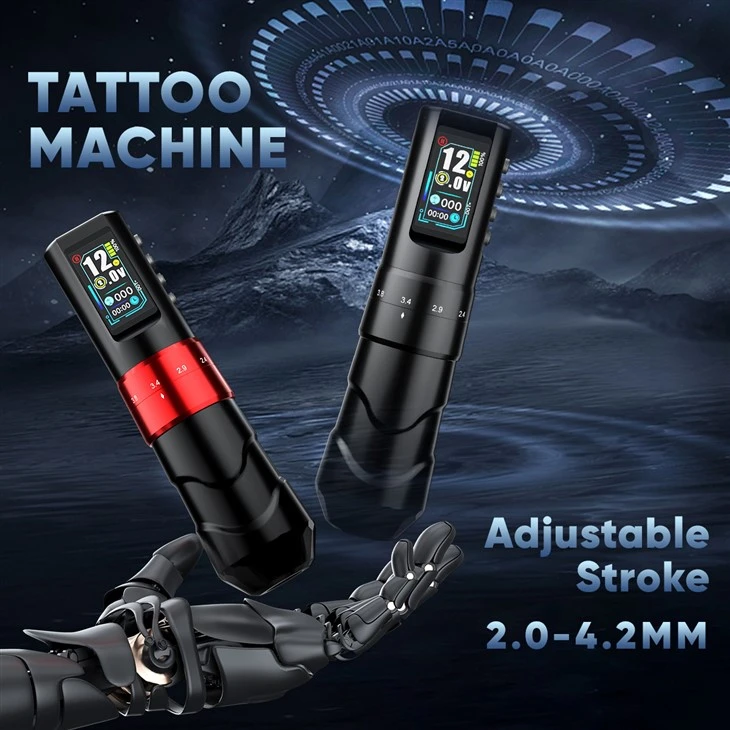 Caneta de tatuagem sem fio Tuffking ajustável-Stroke: motor de copo oco, alimentado por bateria-